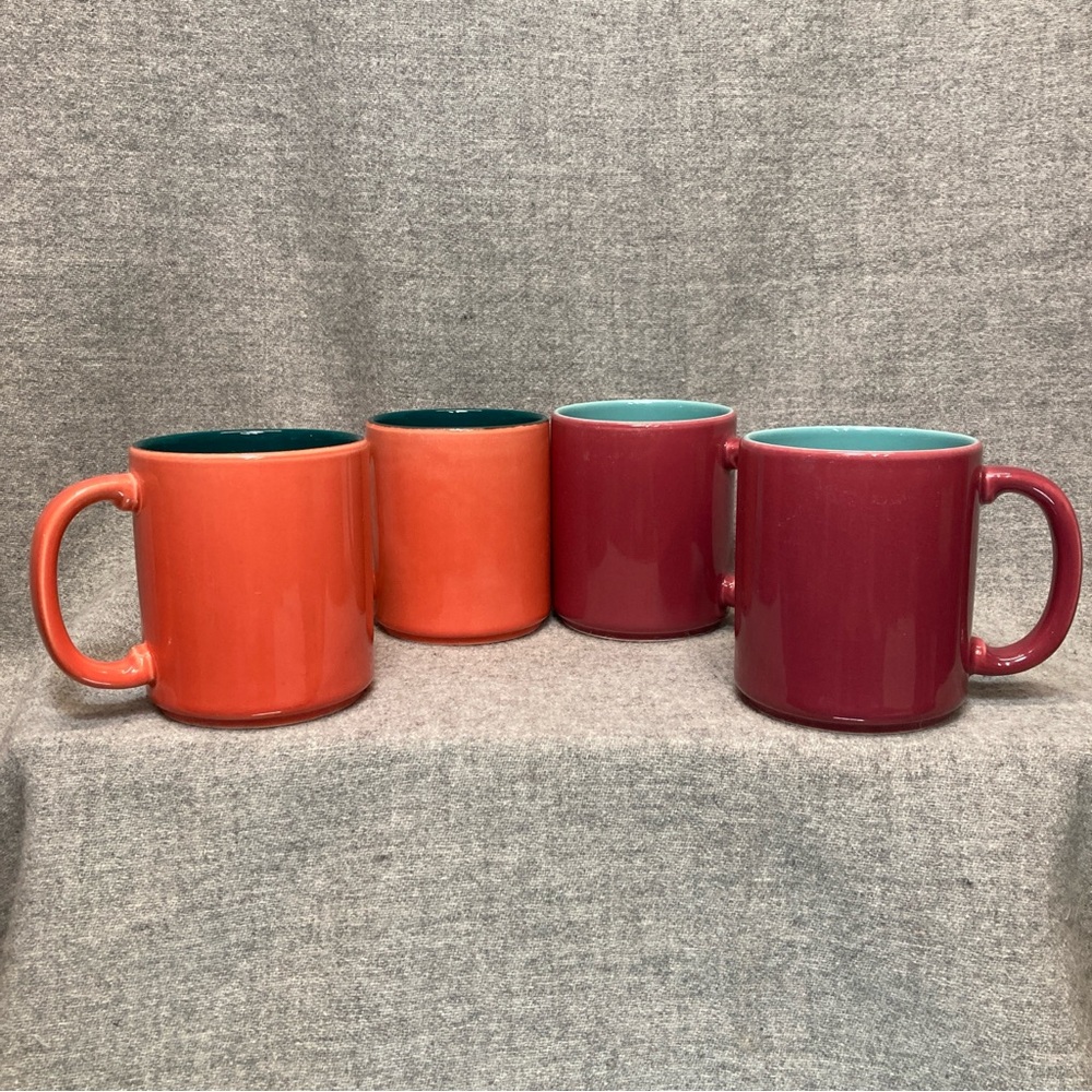 Vintage Pier 1 Colorways Color Block Mugs Set 4 Blue Green Pink Peach Turquoise